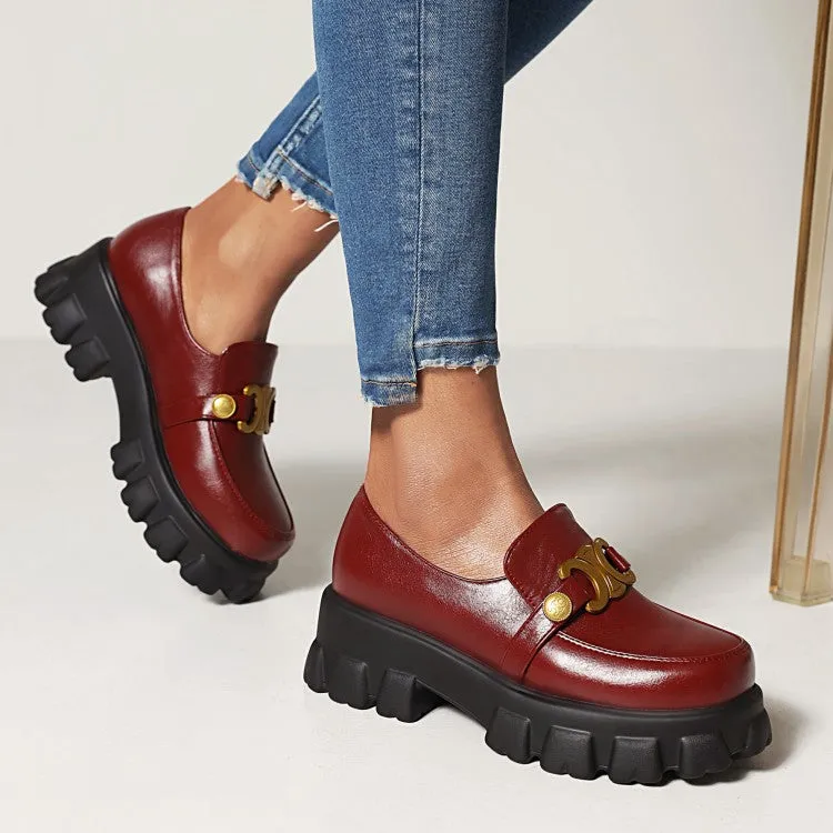 Women's Round Toe Metal Buckle Platform Block Heel Shoes