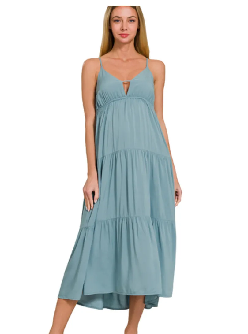 Woven Sweetheart Tiered Cami Midi Dress