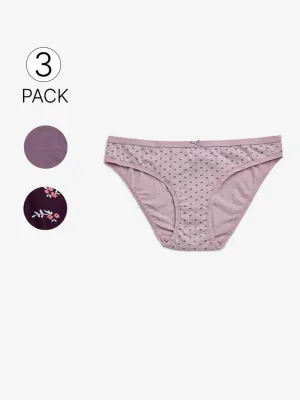 Wunderlove Violet Cotton-Blend Bikini Briefs - Pack of 3