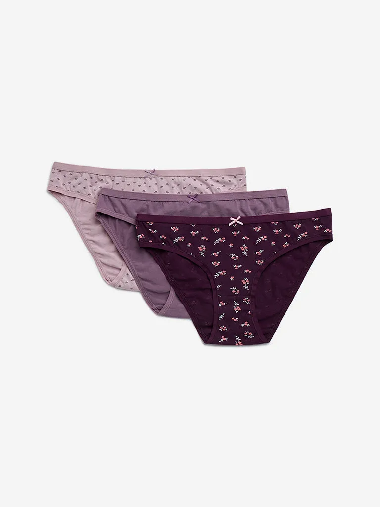 Wunderlove Violet Cotton-Blend Bikini Briefs - Pack of 3